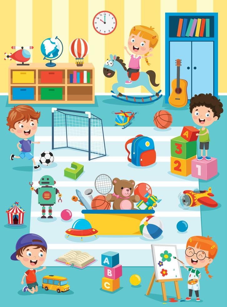 Little Children Studying And Playing At Preschool Classroom vector