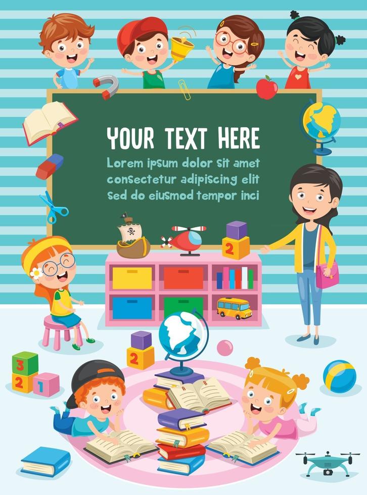 Little Children Studying And Playing At Preschool Classroom vector