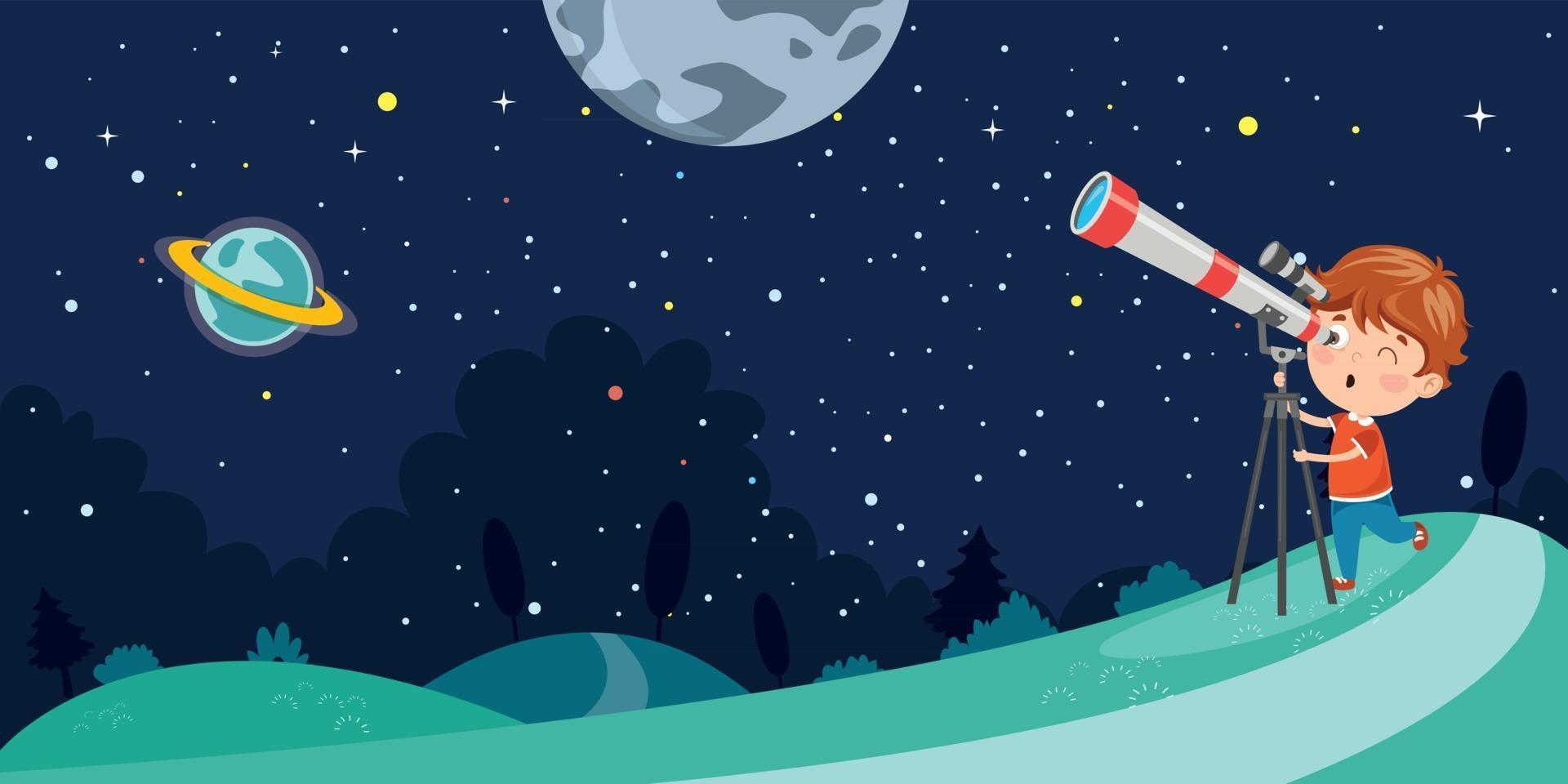 Kid Using Telescope For Astronomical Research vector