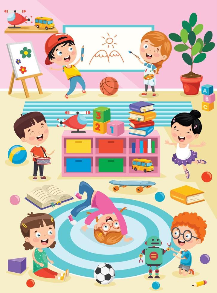 Little Children Studying And Playing At Preschool Classroom vector