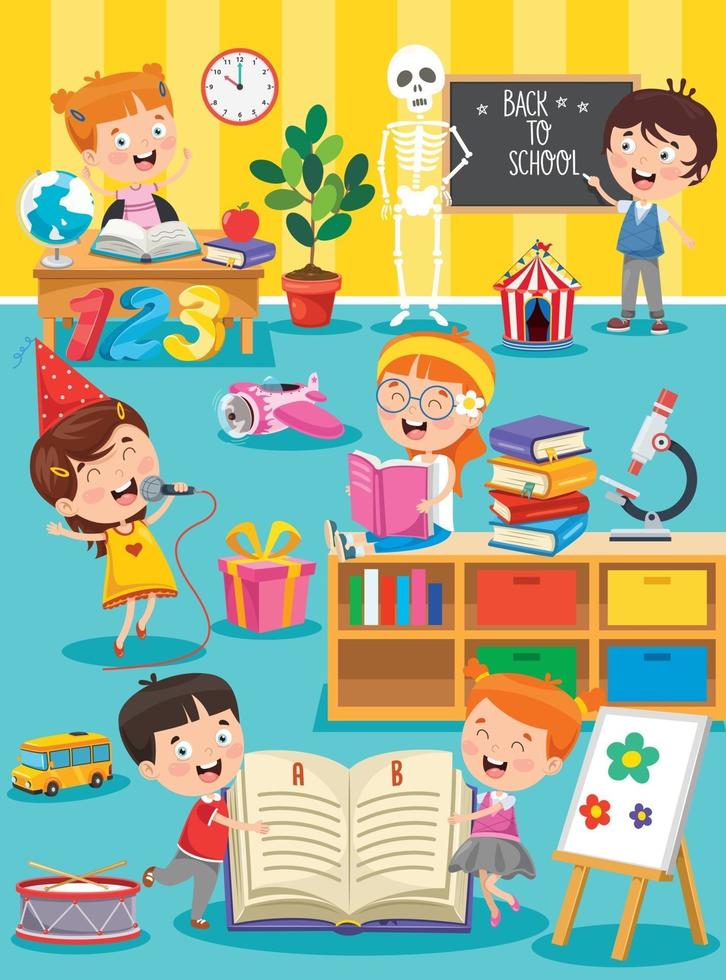 Little Children Studying And Playing At Preschool Classroom vector