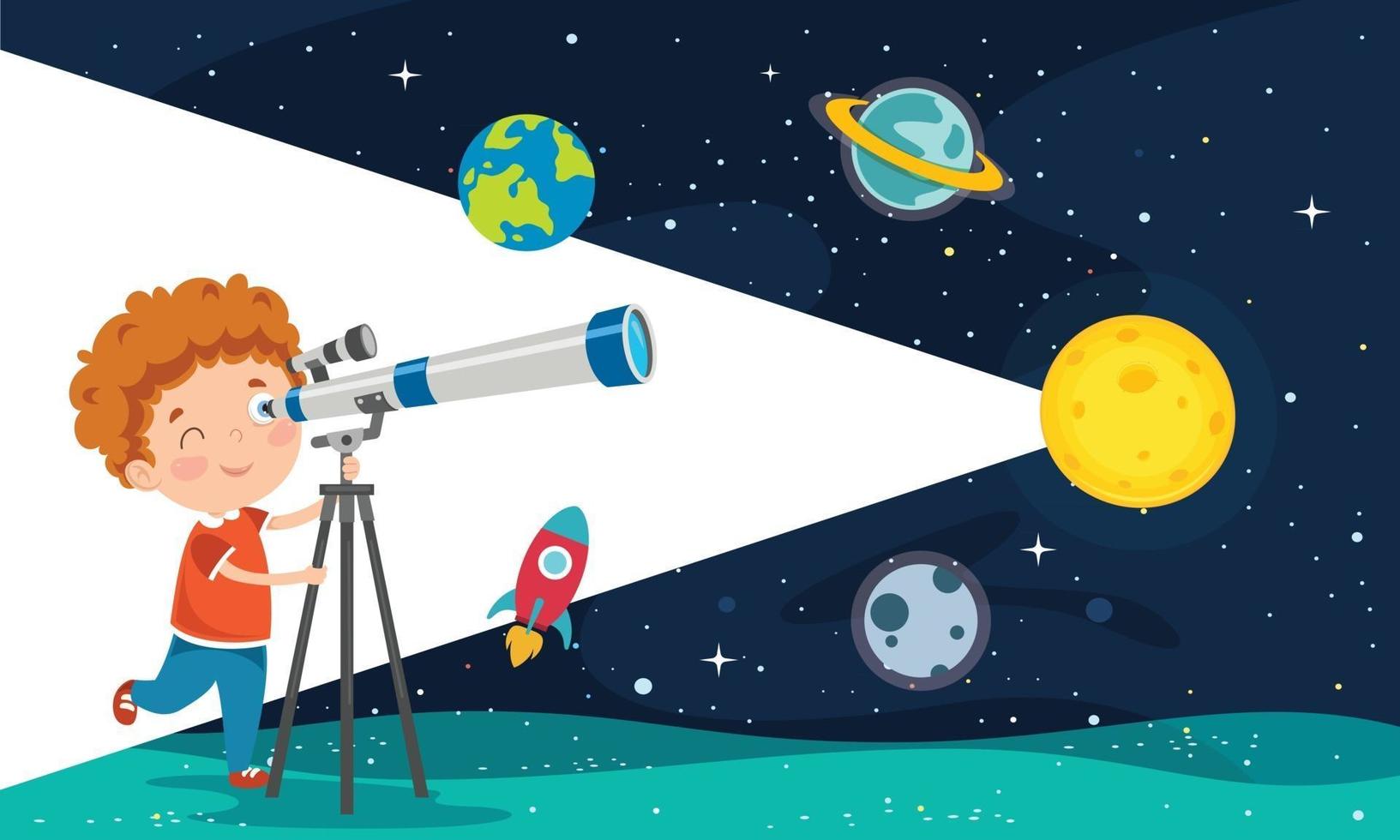 Kid Using Telescope For Astronomical Research vector