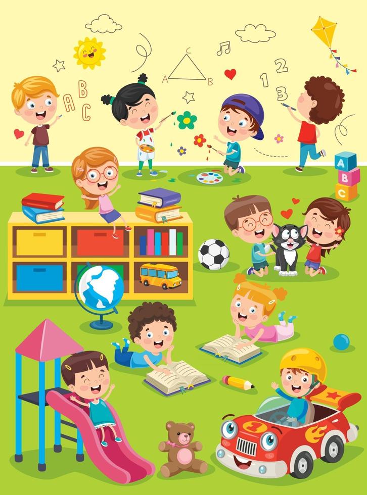 Little Children Studying And Playing At Preschool Classroom vector