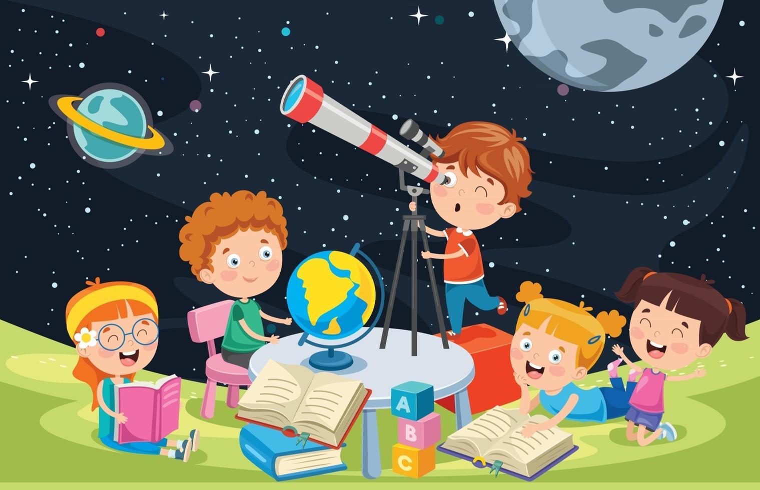 Kid Using Telescope For Astronomical Research vector