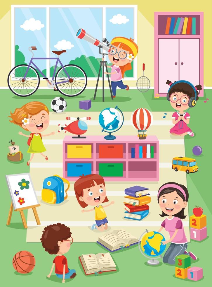 Little Children Studying And Playing At Preschool Classroom vector