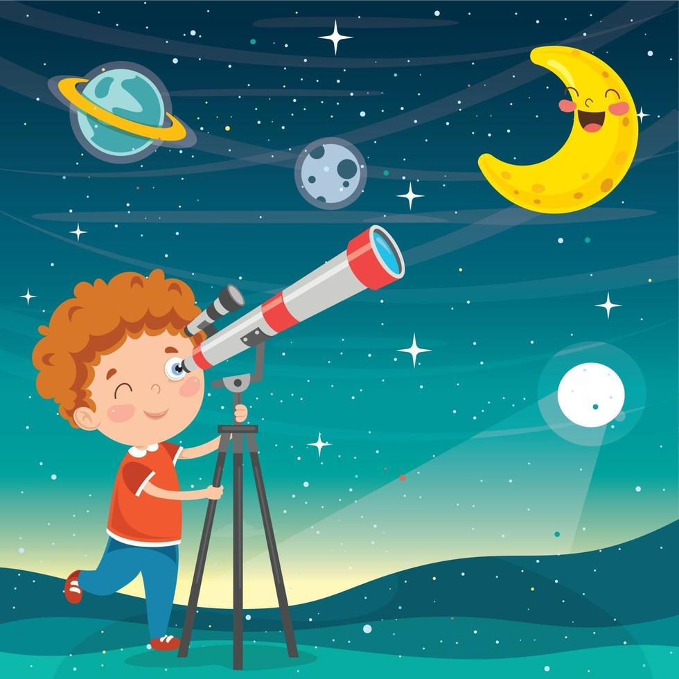 niño usando telescopio para investigación astronómica vector