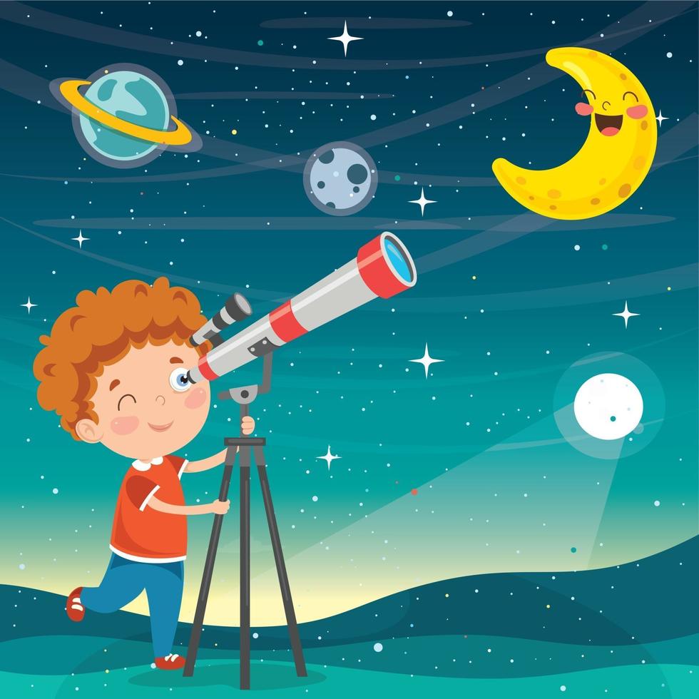 Kid Using Telescope For Astronomical Research vector