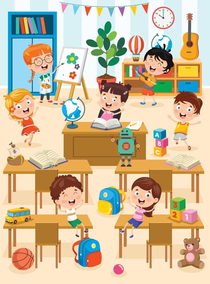 niños pequeños que estudian y juegan en el aula de preescolar vector