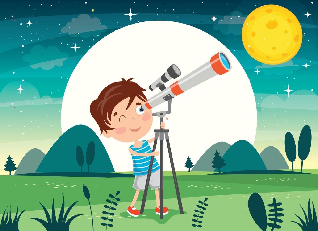 niño usando telescopio para investigación astronómica vector