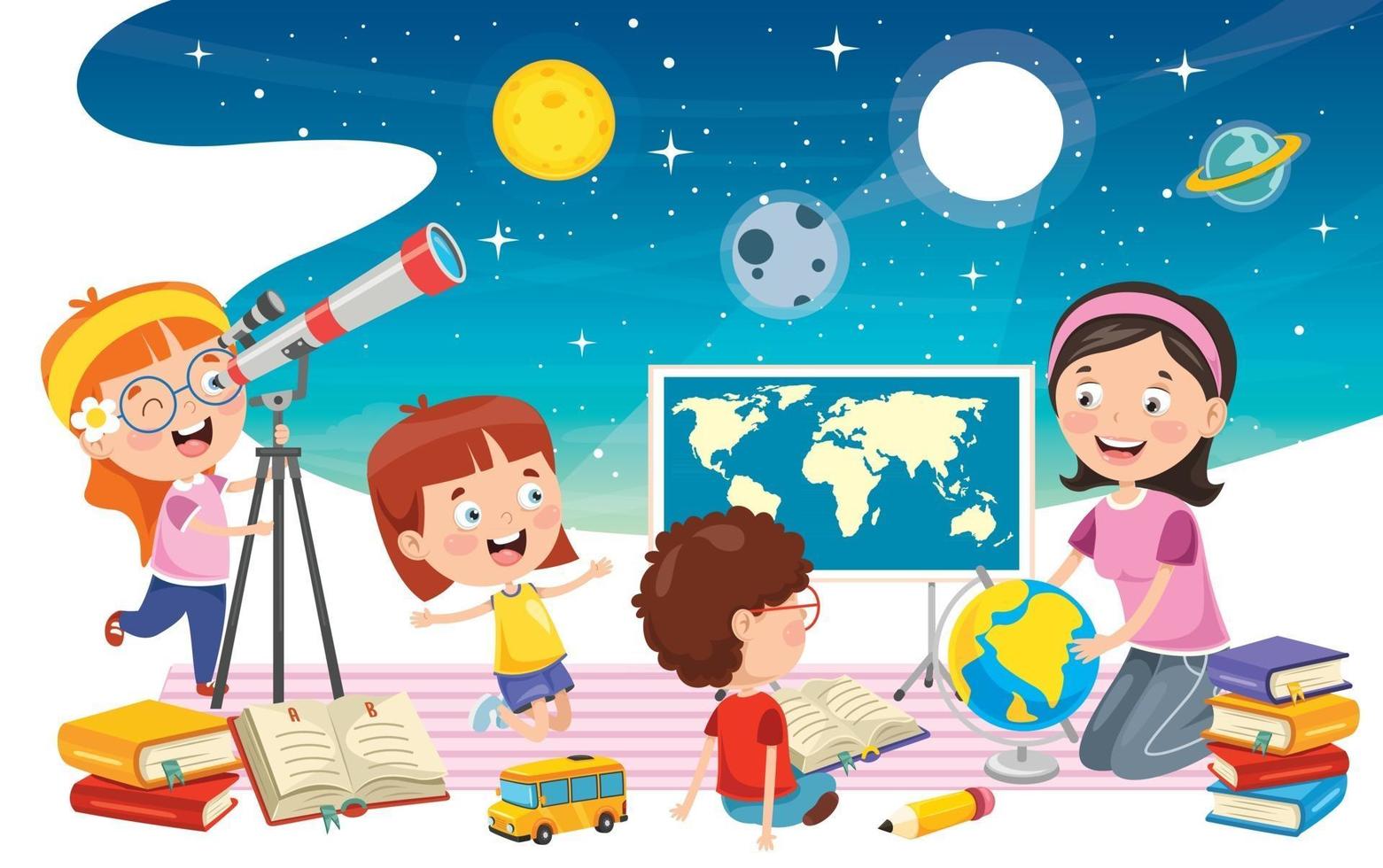 Kid Using Telescope For Astronomical Research vector