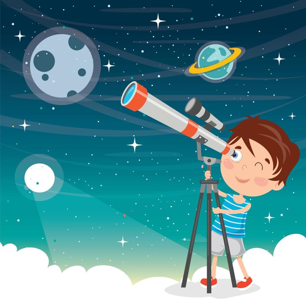 Kid Using Telescope For Astronomical Research vector