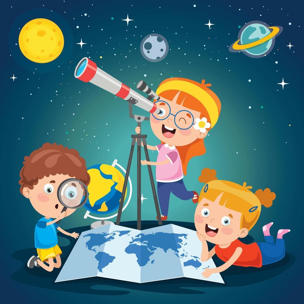 Kid Using Telescope For Astronomical Research vector