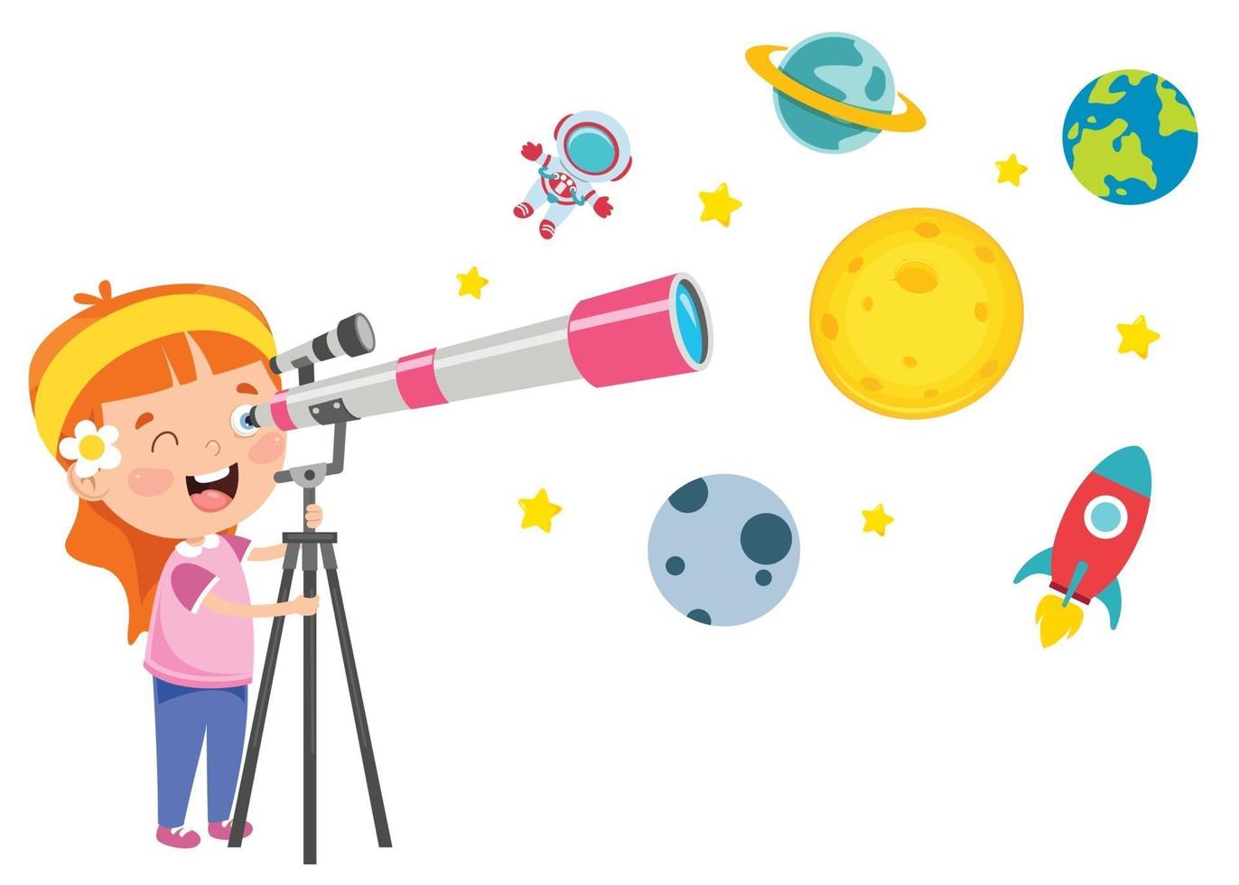 Kid Using Telescope For Astronomical Research vector