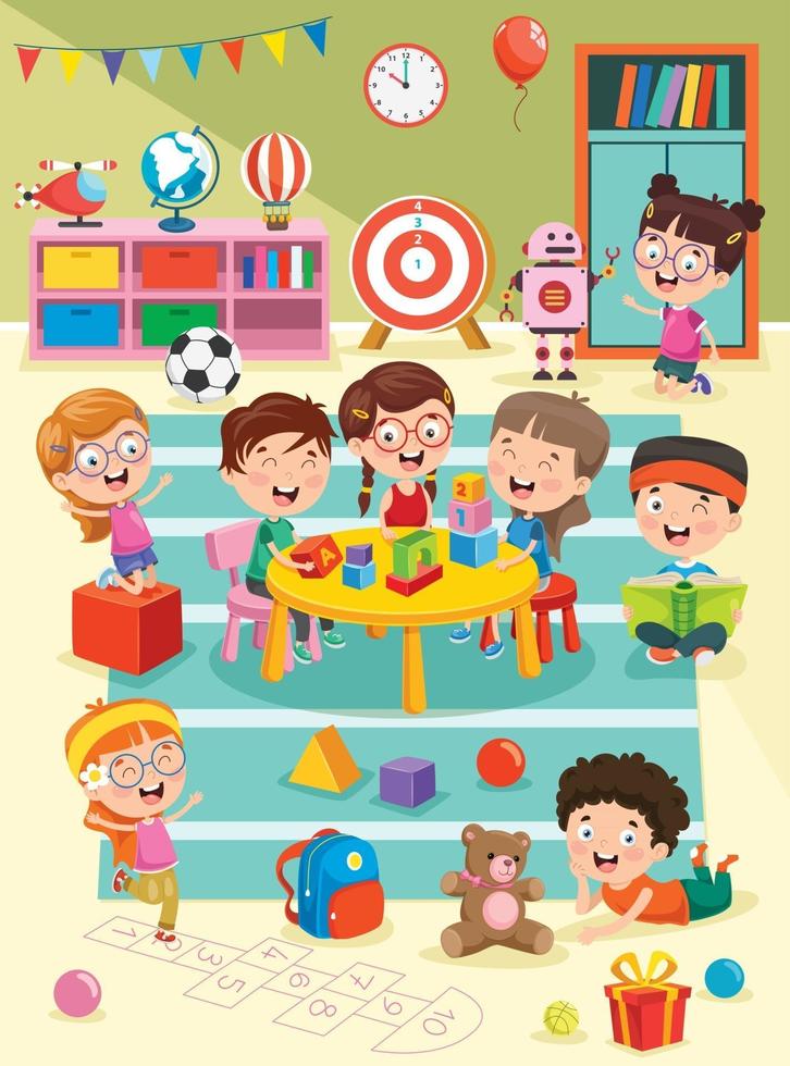 Little Children Studying And Playing At Preschool Classroom vector