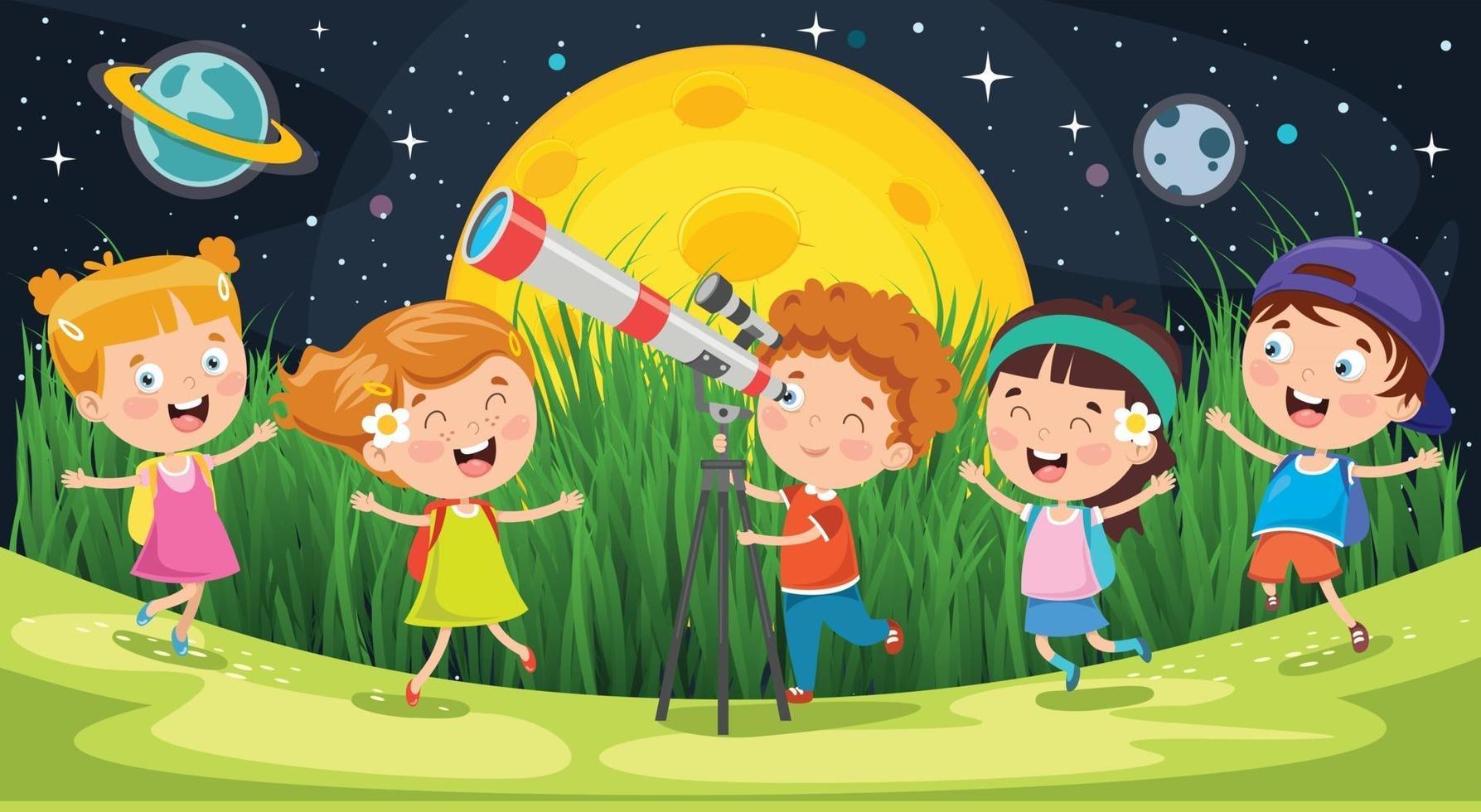 Kid Using Telescope For Astronomical Research vector