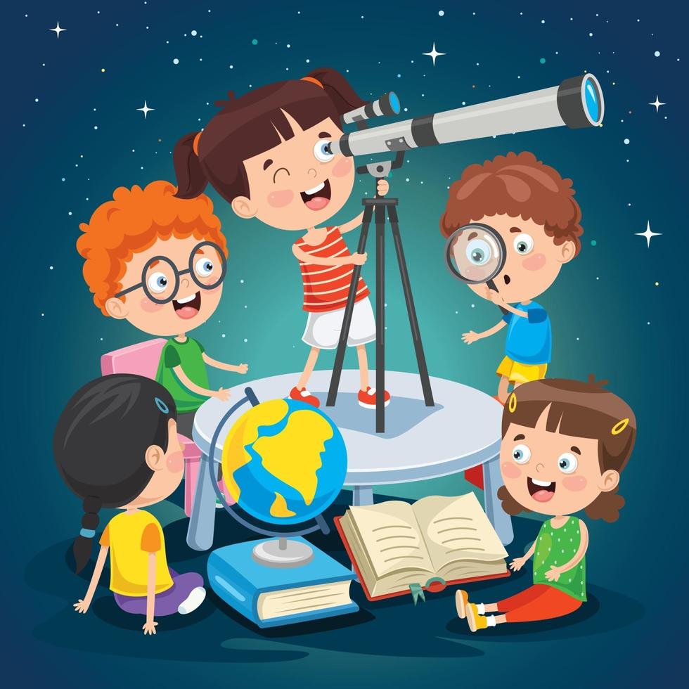 niño usando telescopio para investigación astronómica vector