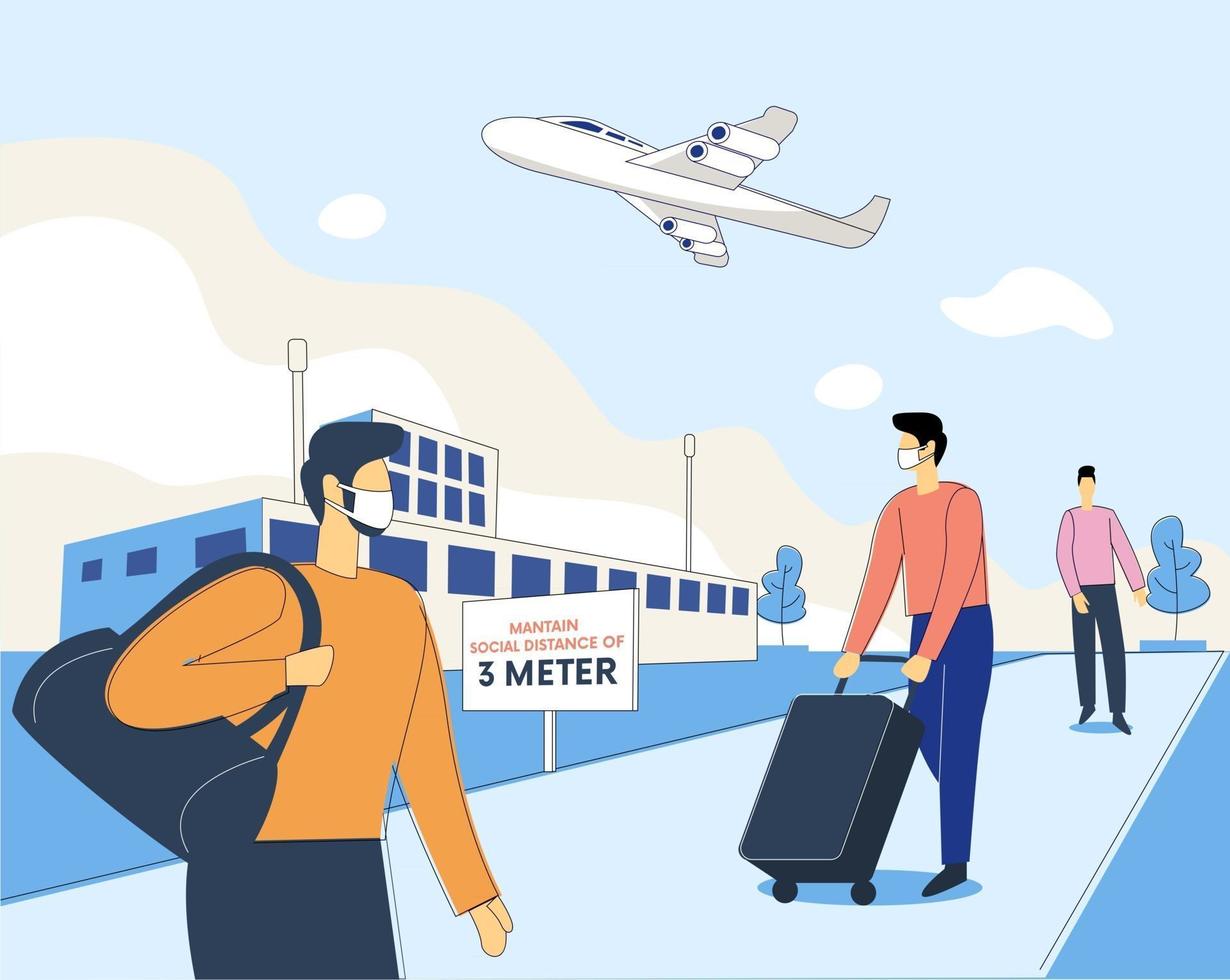 Personas que mantienen una distancia segura en el concepto de ilustración de vector de aeropuerto