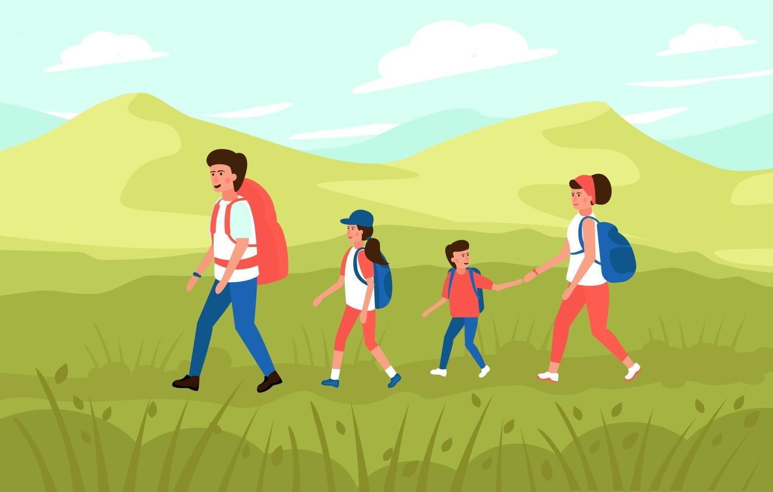 familia con niños caminando en las montañas. vector