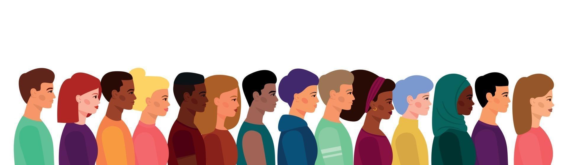 una multitud de jóvenes, de diferente apariencia, color de piel y cabello vector