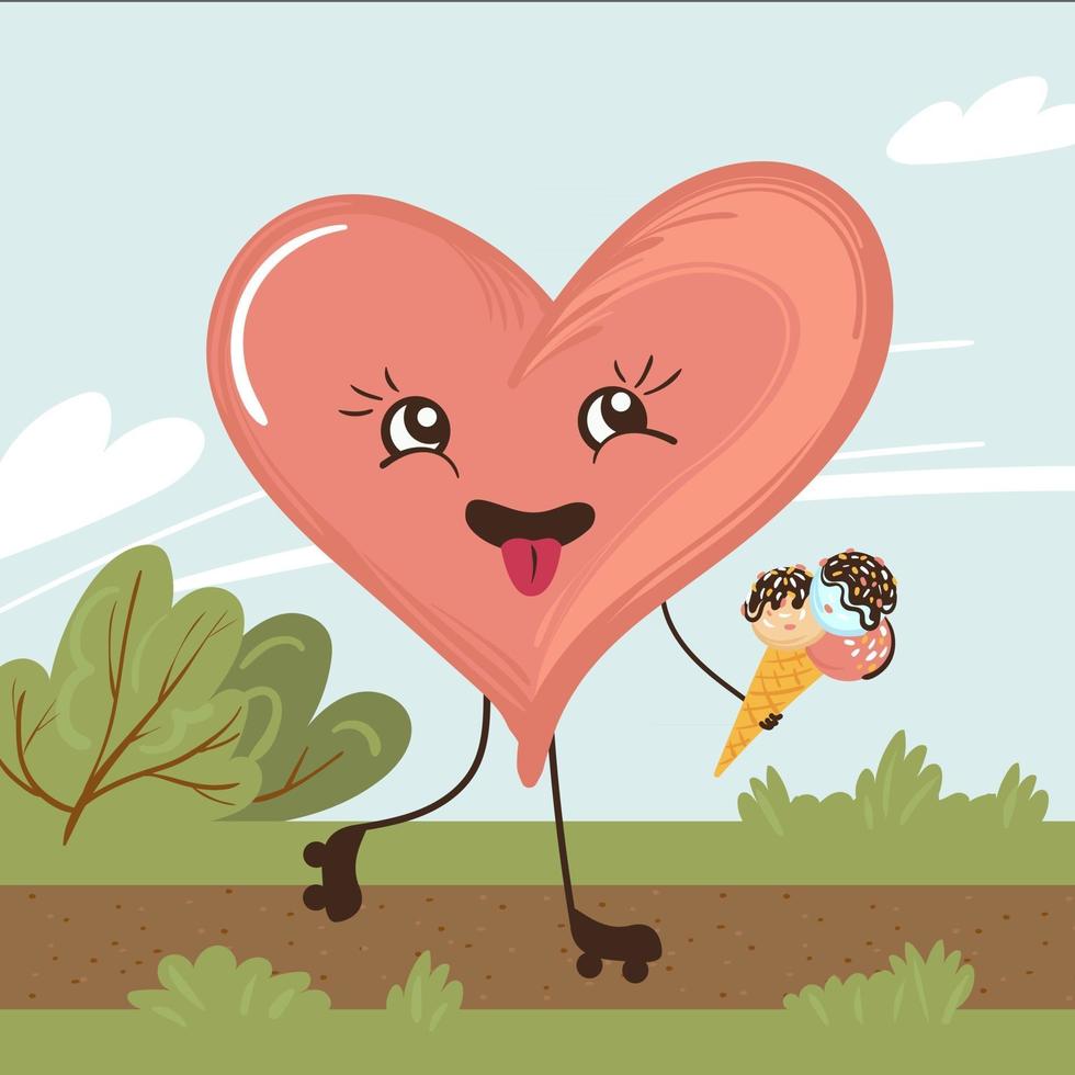 Cartoon character heart roller skating with ice cream in the park. Hand drawn vector illustration for kids