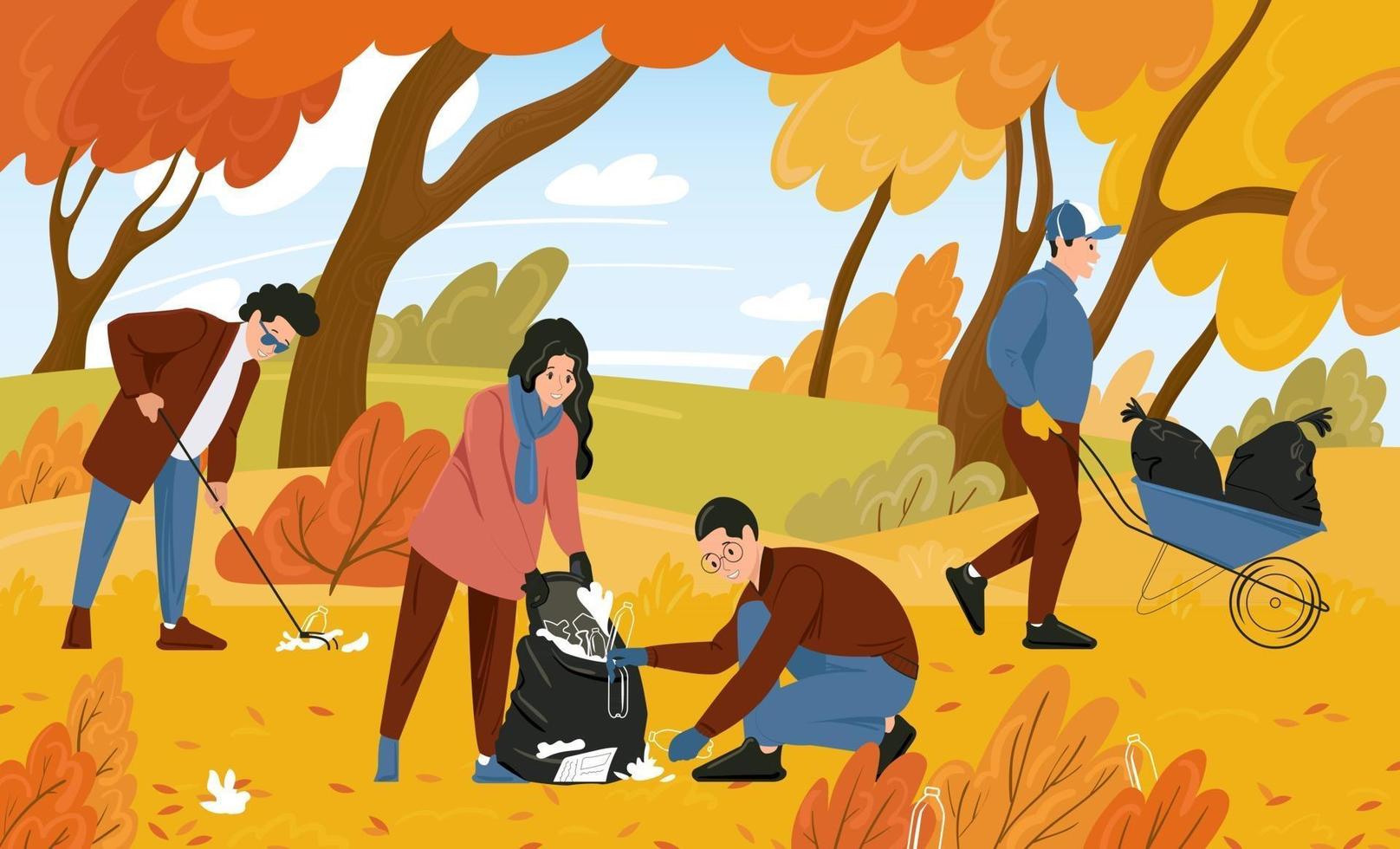 Volunteers clean up plastic trash in the park in the fall. Young people take care of nature, collect waste separately. Hand drawn vector illustration