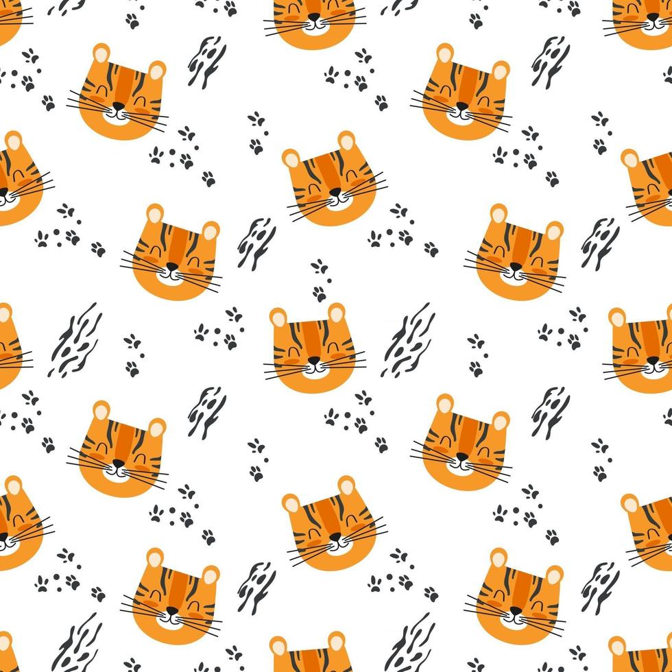 Seamless pattern with tiger, stripes and paw prints. Vector background for kids