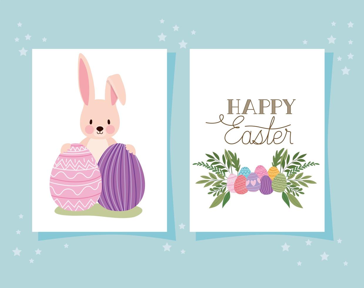 invitation with happy easter lettering and cute bonny with two easter eggs vector