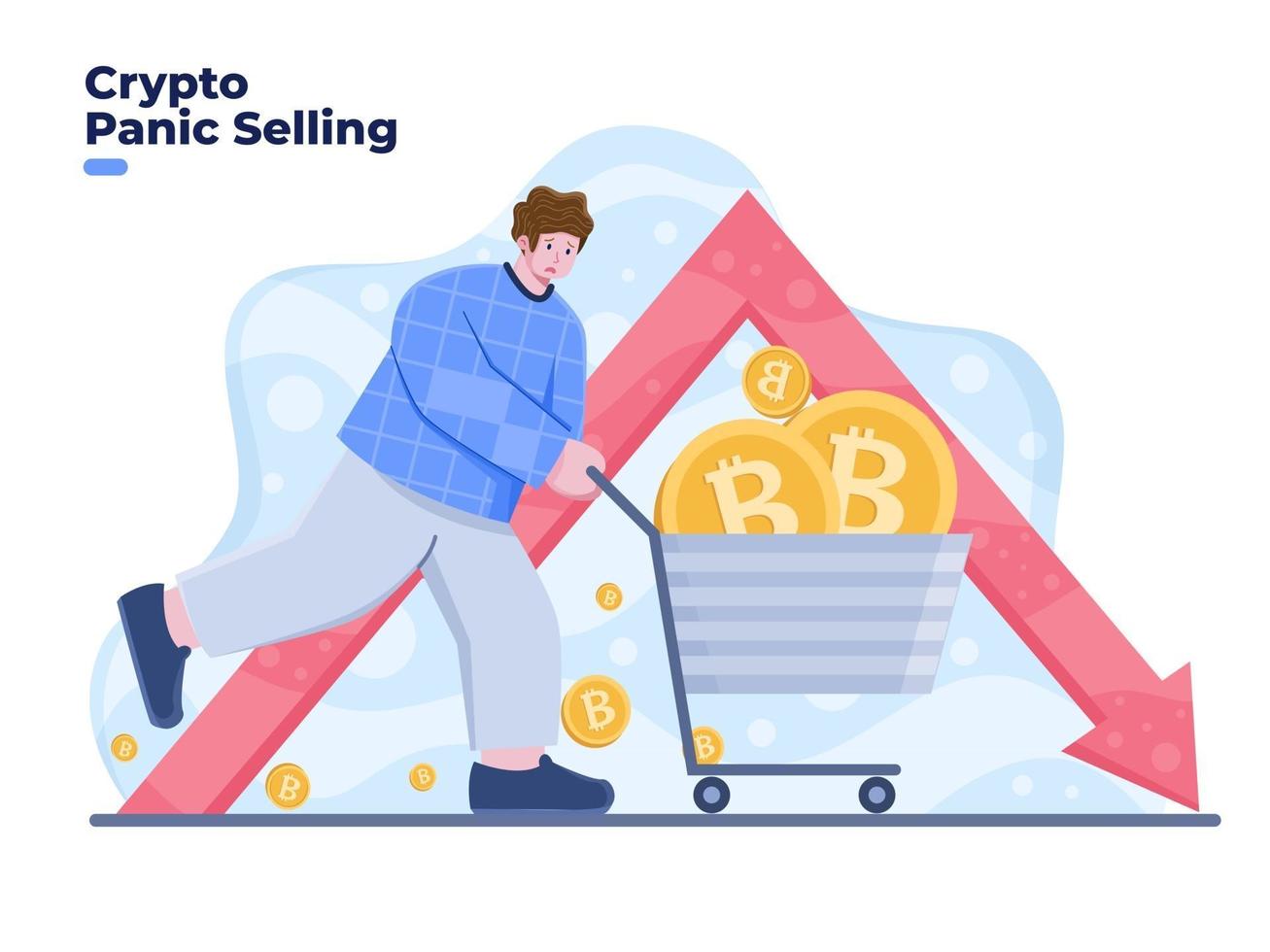 Panic person selling  crypto while crypto crash flat vector illustration. Crisis of the cryptocurrency. New investors panic selling when the stock market graph fall down. Crypto investment risk.