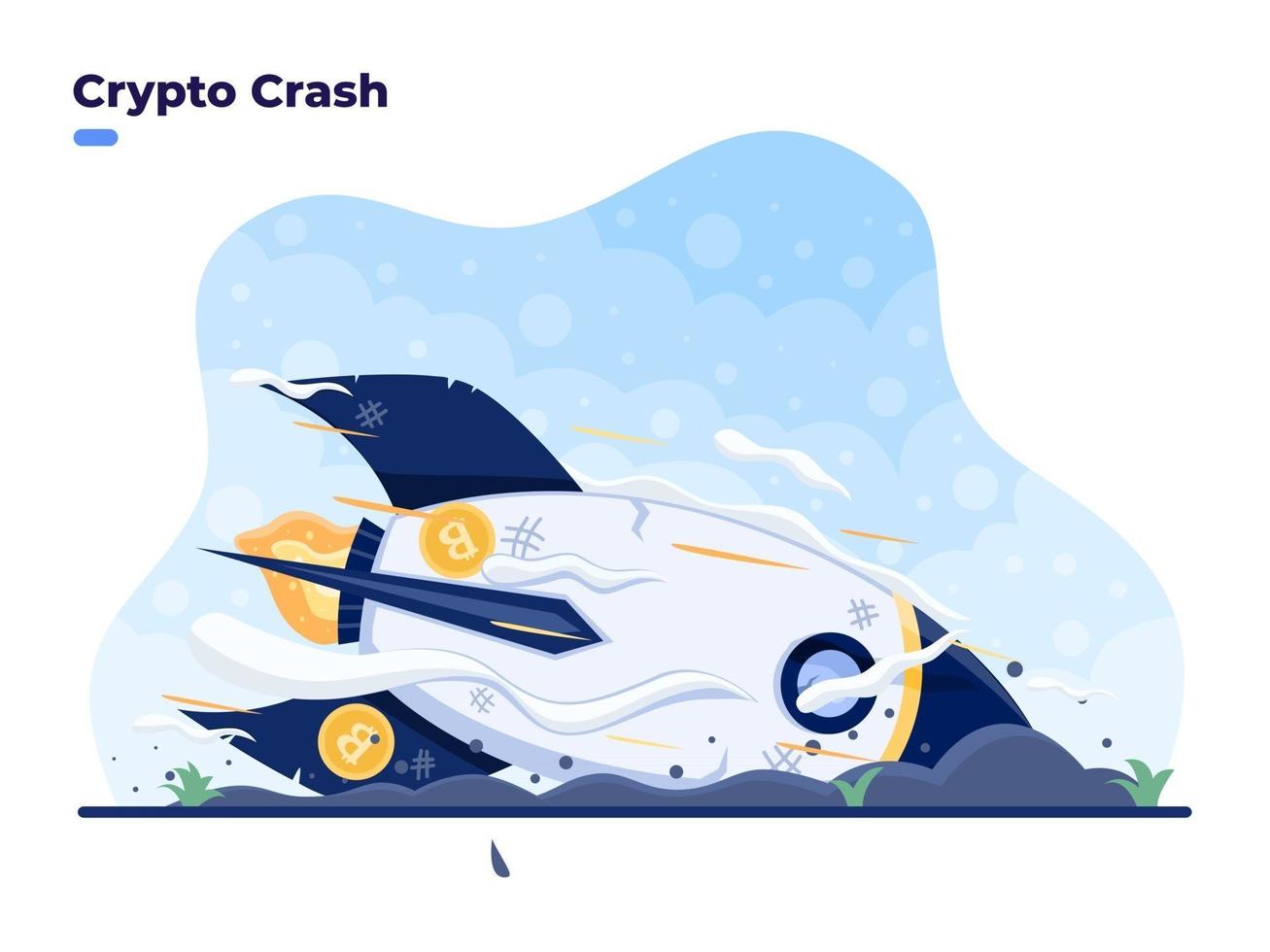 Crypto Crash vector flat illustration concept with bitcoin rocket crashing to ground. Bitcoin market crash or depreciation. Price Collapse of Cryptocurrency. Huge loss at crypto investment.