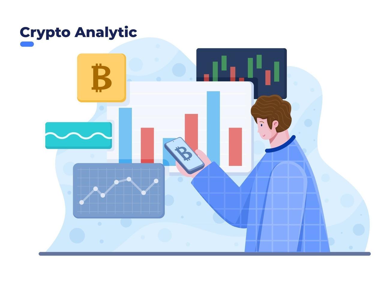 analítica de comercio de criptomonedas con ilustración de vector de teléfono inteligente móvil. Ilustración del concepto de inversión criptográfica. mercado de valores de criptomonedas