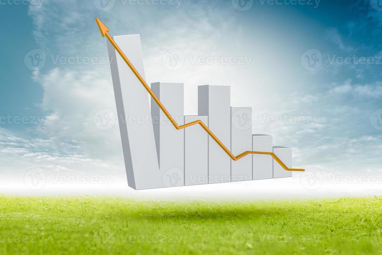 el crecimiento del gráfico de negocios financieros en los pastos verdes y cielos azules estadísticas comerciales y análisis de inversiones exitosos medios mixtos con objetos de representación 3D foto