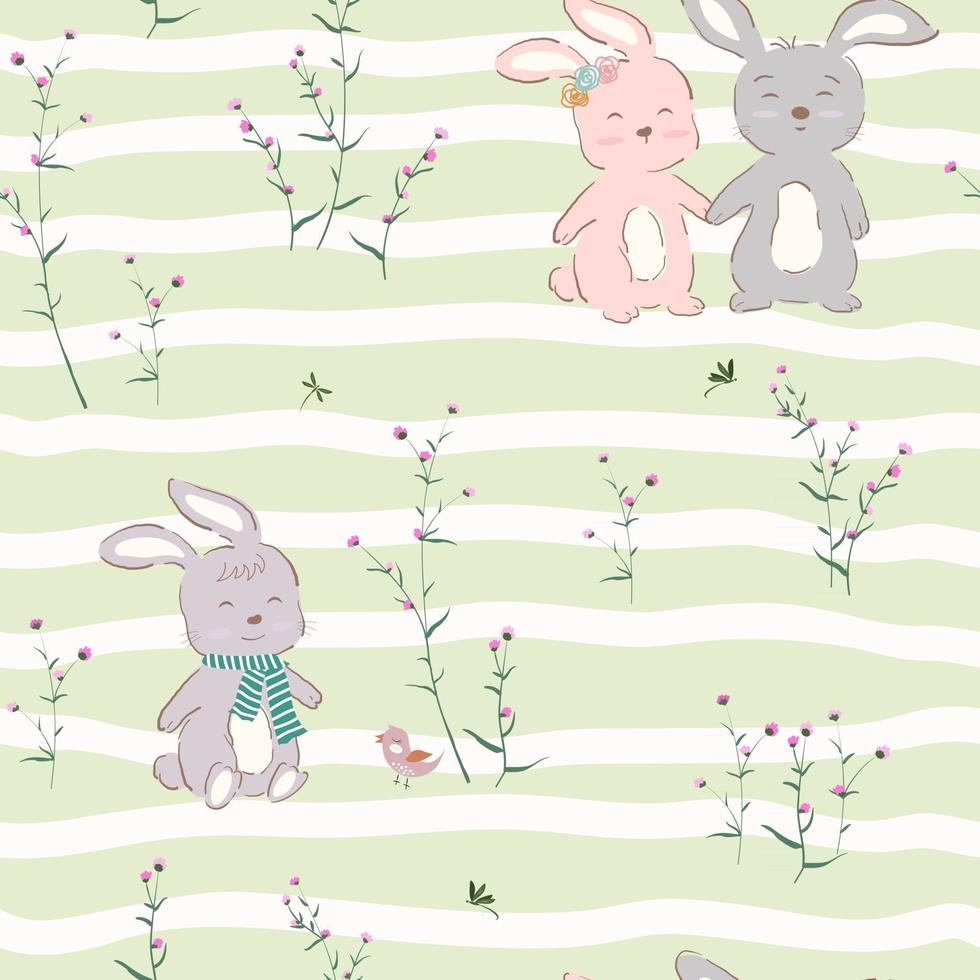 Seamless pattern with cute character of happy bunnies in violet garden vector