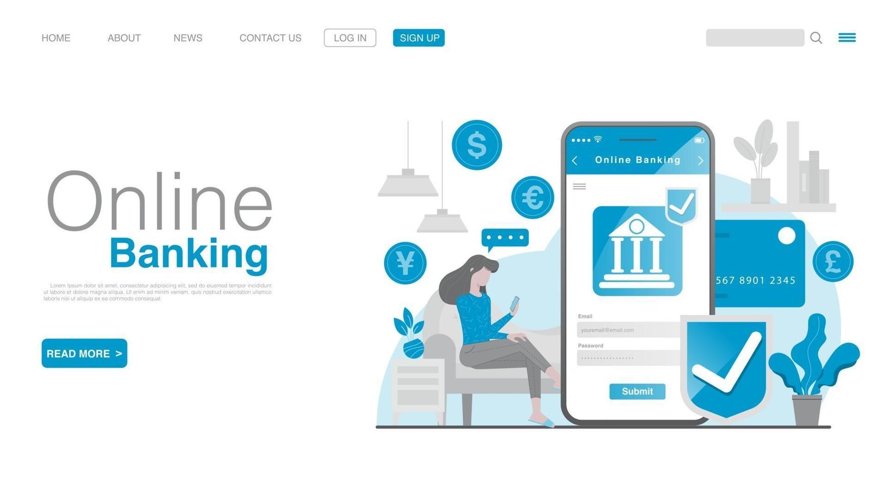 Online Banking and Mobile Payment. Landing page in Flat Style. vector