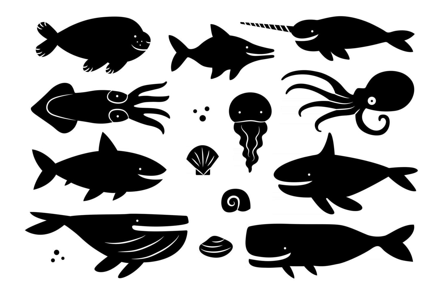Sea creatures, animals, fishes. Black silhouette set. Cut board template design. vector