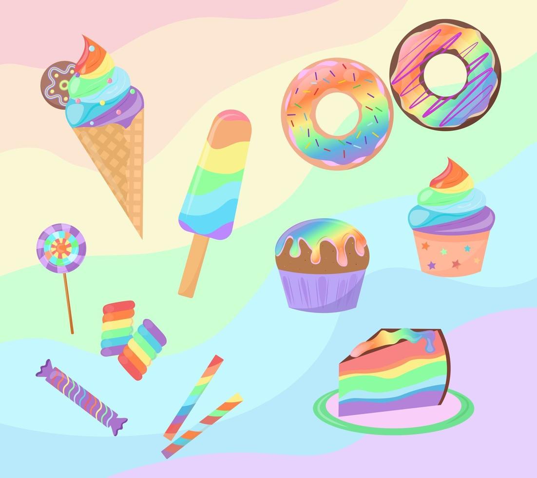 Rainbow desserts set isolated on colorful background. Sweets collection. Rainbow donuts, cupcake, ice cream and candies are decorated. Vector illustration.