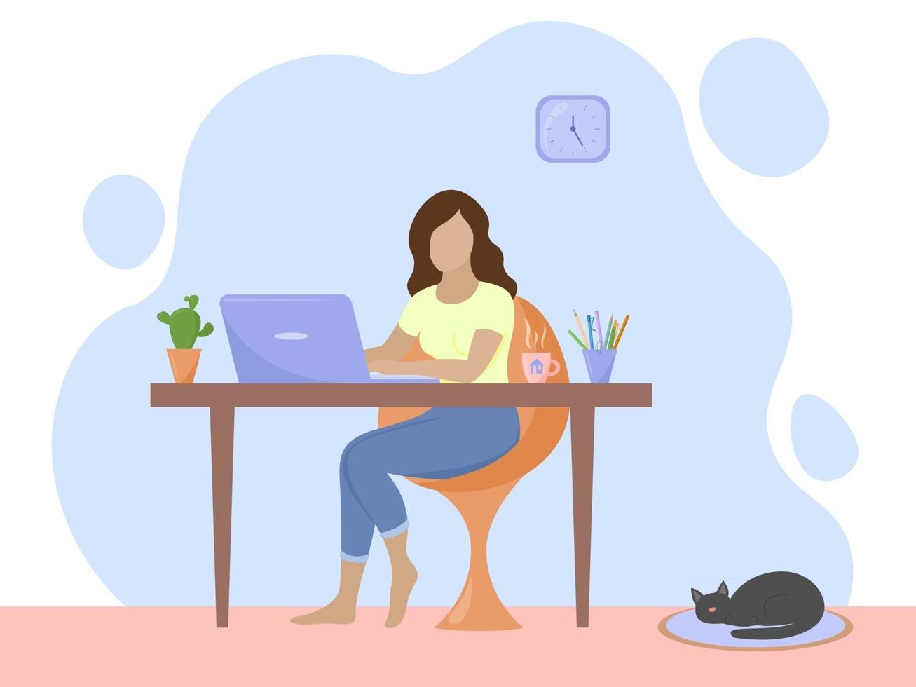 Work at home concept. Woman working with laptop remotely at table sitting on chair. Cat sleeping on floor. Vector flat illustration