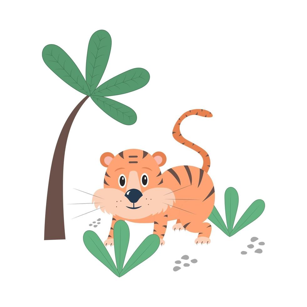 Cute tiger is hiding in the bushes in the jungle. Nursery vector concept illustration. Perfect for poster, wallpaper, print or greeting card.