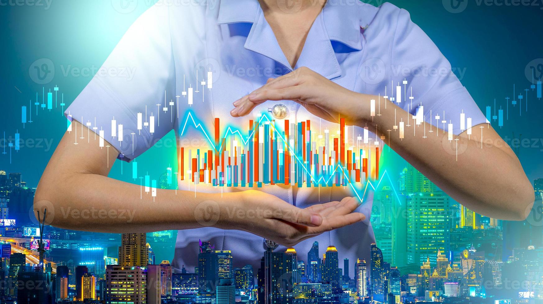 Business people hold a tablet, plan and strategy and display virtual holograms of statistics, financial graphs, securities and charts on a dark background. The concept of business growth photo