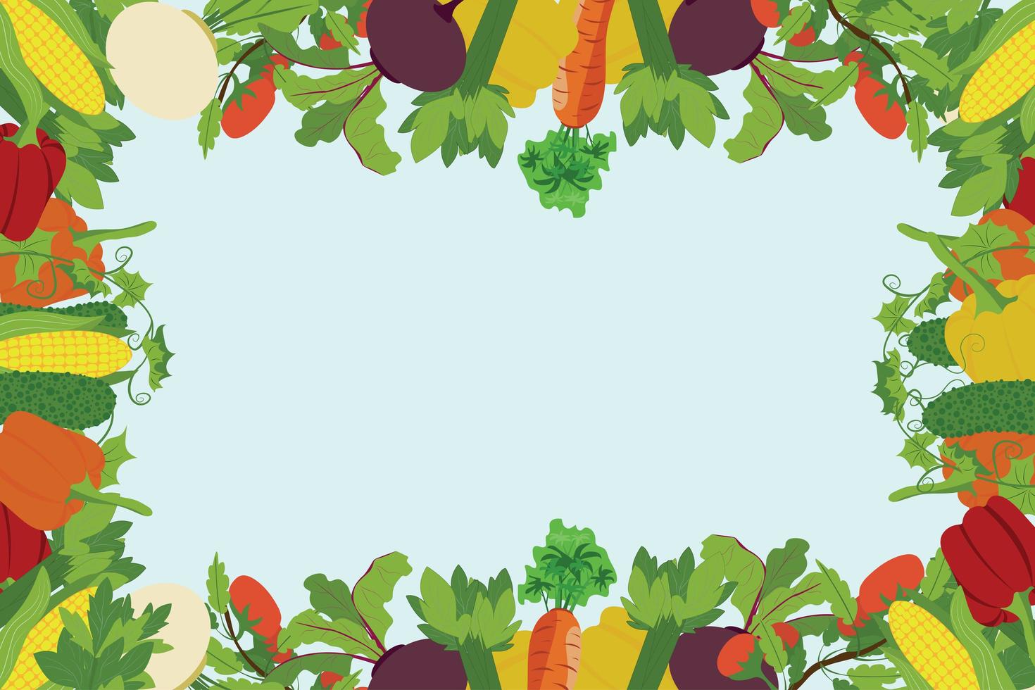 Colorido marco vegetal hecho de maíz, nabos, pepinos, remolachas, pimentón, apio, tomates, zanahorias con espacio para texto vector