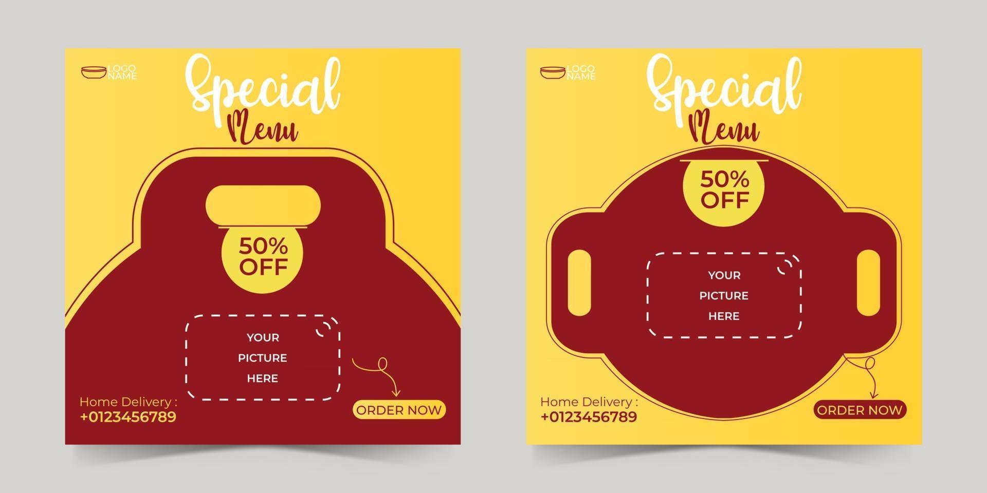 food or culinary social media post template.  editable square social post banner ads. vector