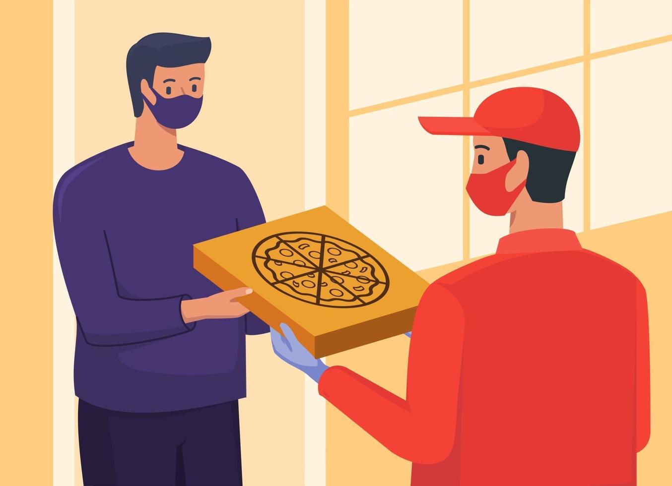 Repartidor dando pizza al cliente en la puerta de su casa vector