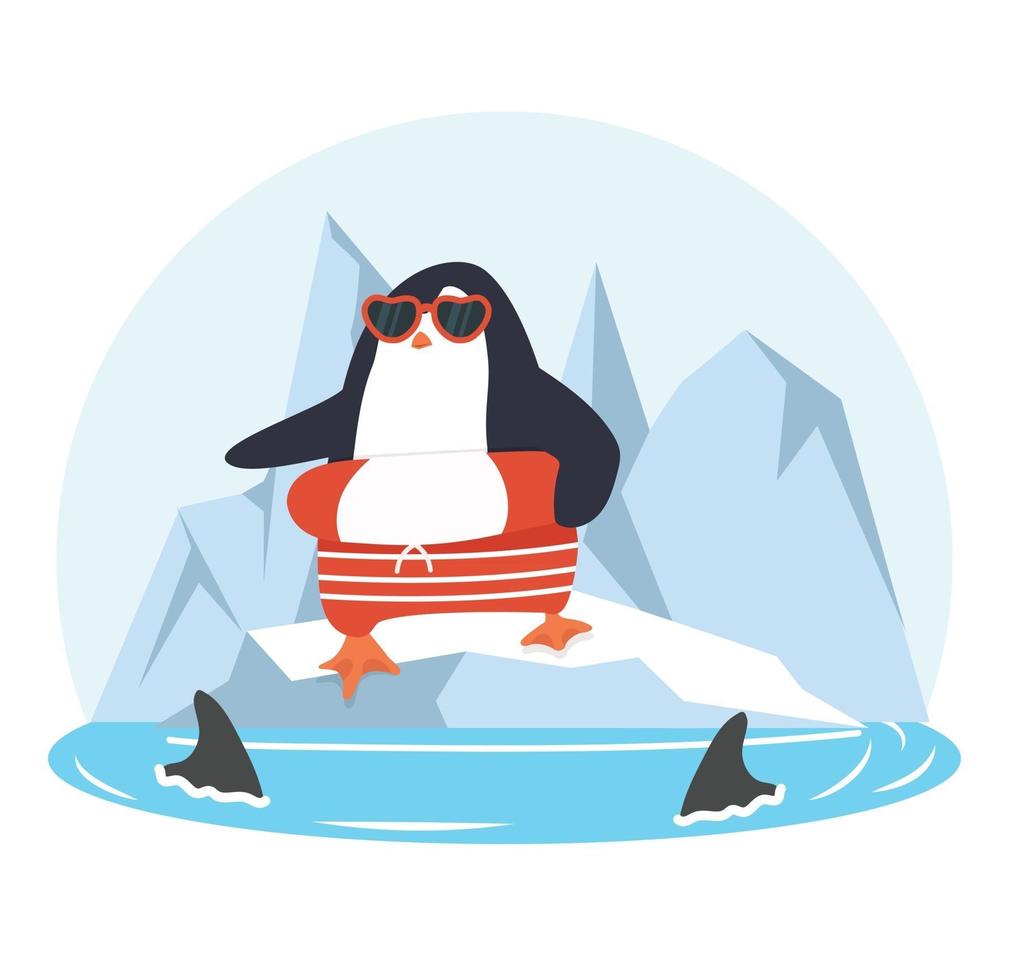 penguin on on an ice floe with fin sharks vector