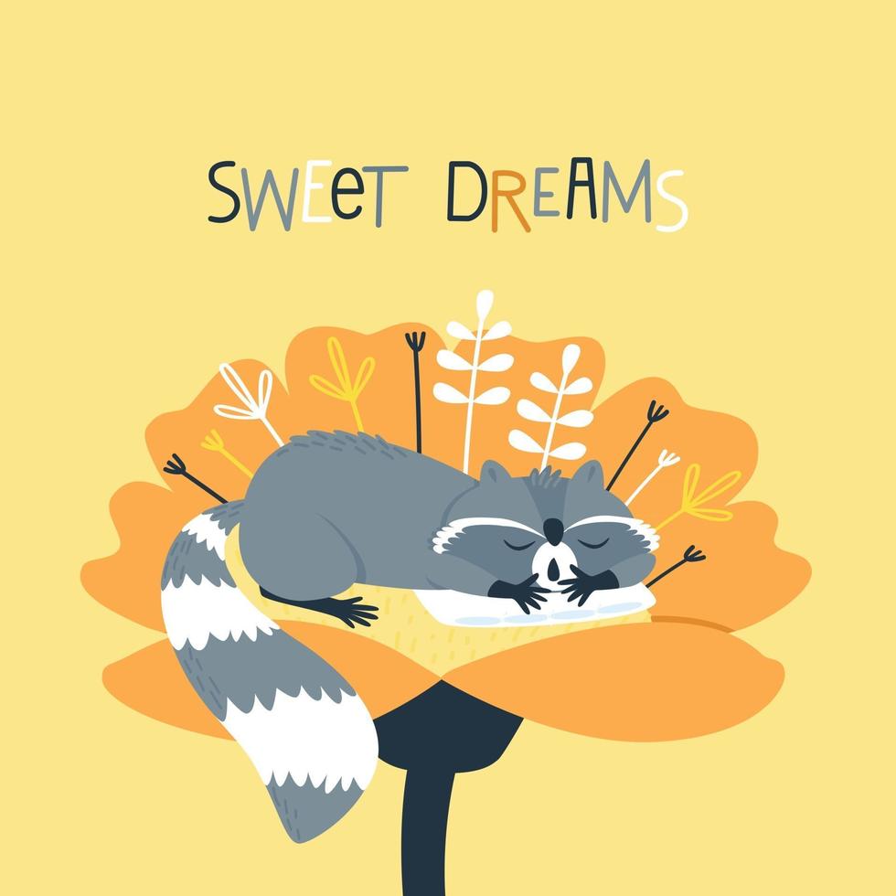 A cute raccoon sleeps on a pillow inside a flower vector