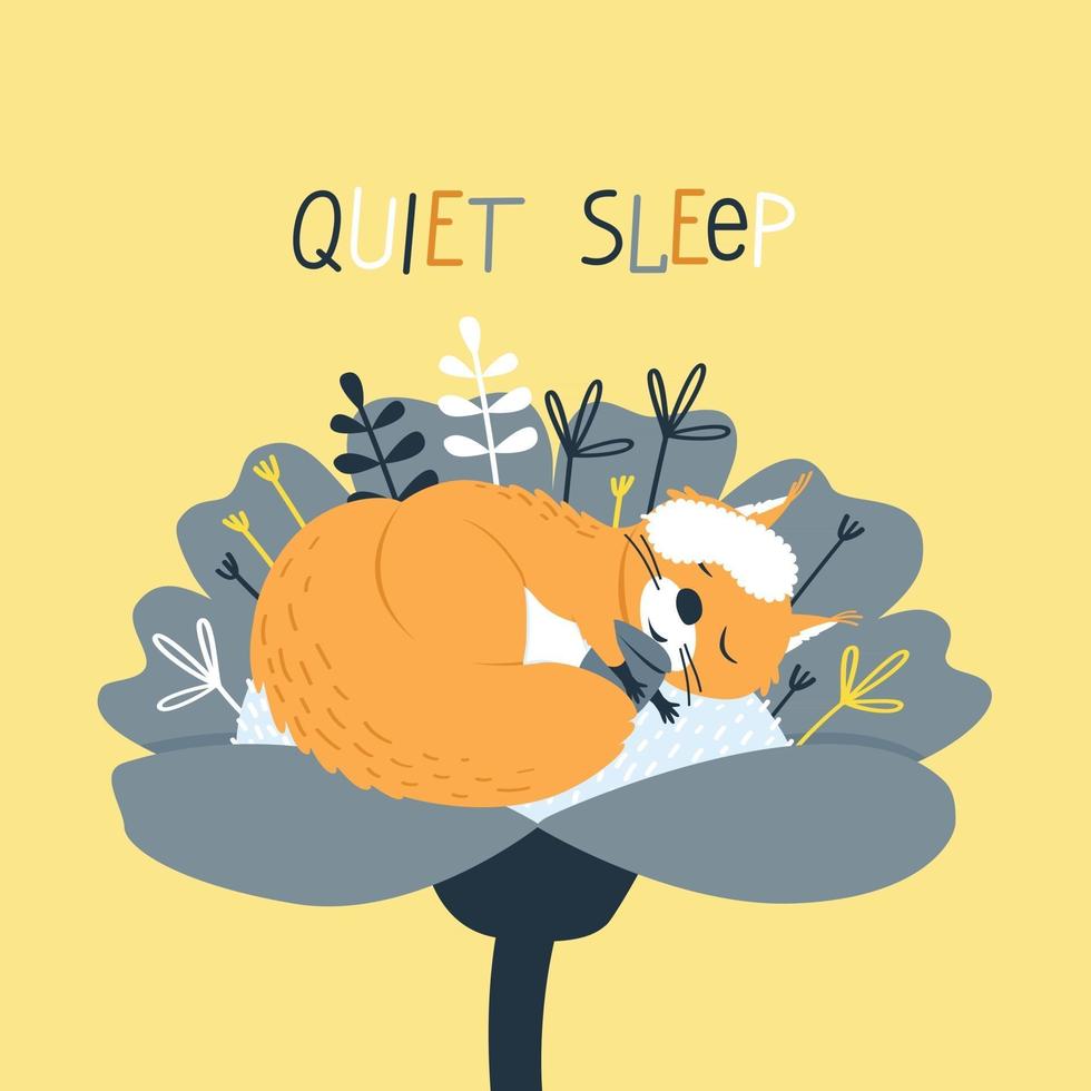 A cute squirrel sleeps in a sleep mask inside a flower vector