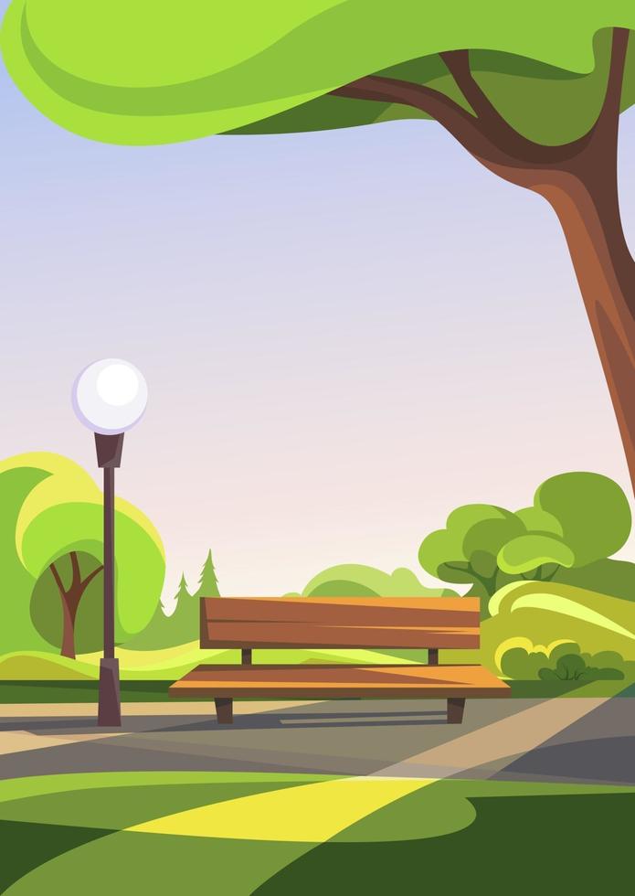 Bench in spring park. Outdoor scene in vertical orientation. vector