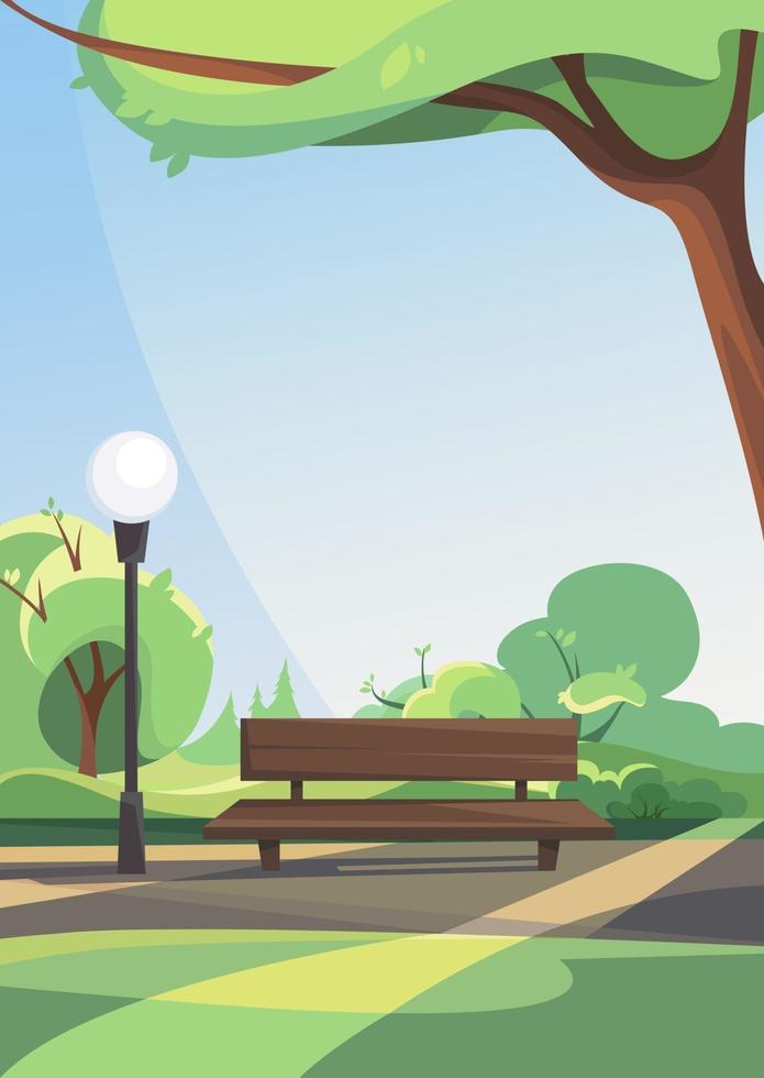 Bench in summer park. Outdoor scene in vertical orientation. vector