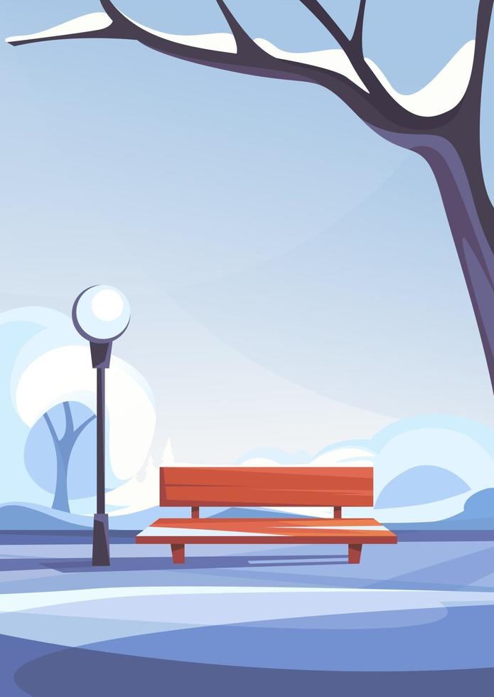 Bench in winter park. Outdoor scene in vertical orientation. vector