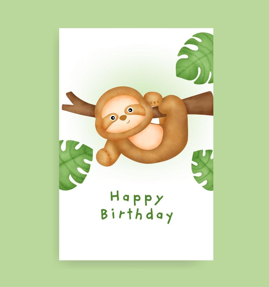 Birthday card with cute sloth in watercolor style vector