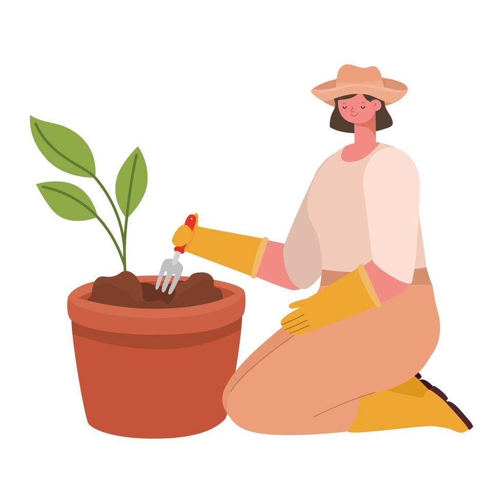 mujer arreglando plantas vector