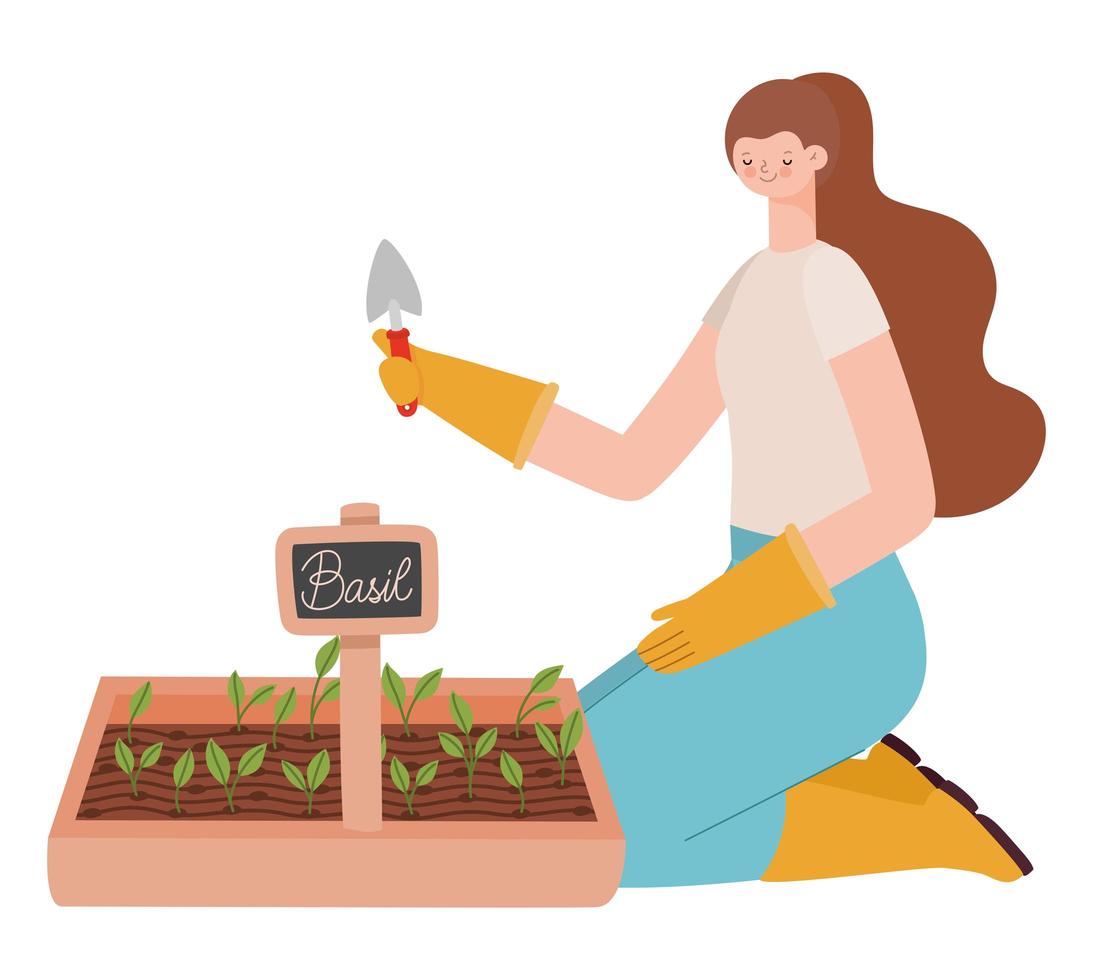 mujer bonita plantando vector